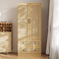 Famapy Light Wood Rattan-Style Wardrobe with Drawers Armoire