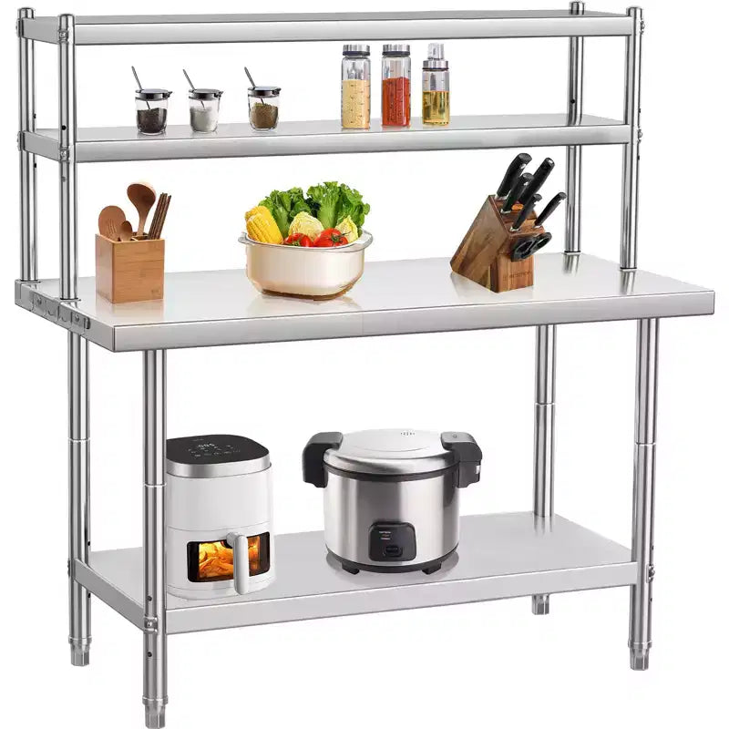 Stainless Steel Workbench, 4-Tier Commercial Kitchen Prep Table, with Shelves and Hooks, Heavy-Duty Workbench, Suitable for Restaurants and Garages