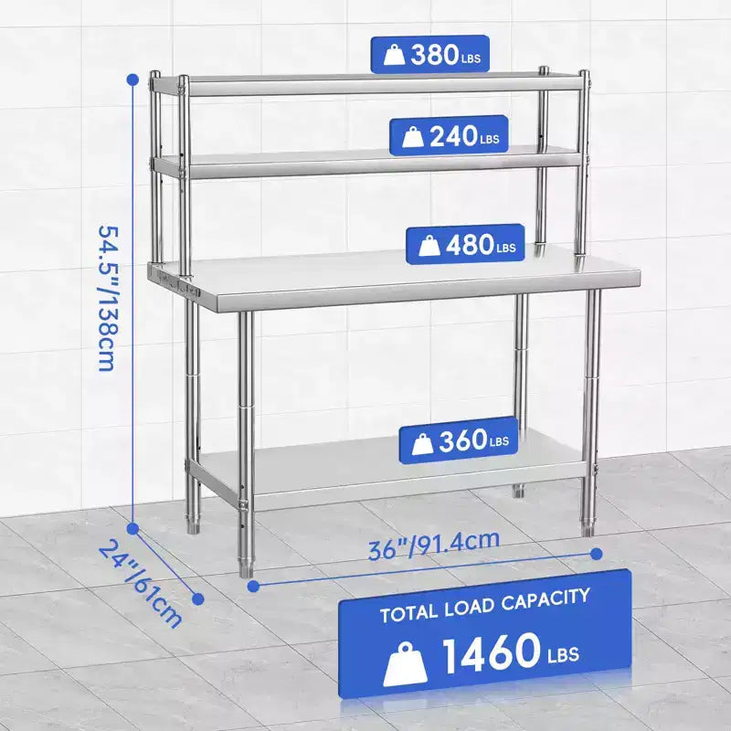 Stainless Steel Workbench, 4-Tier Commercial Kitchen Prep Table, with Shelves and Hooks, Heavy-Duty Workbench, Suitable for Restaurants and Garages