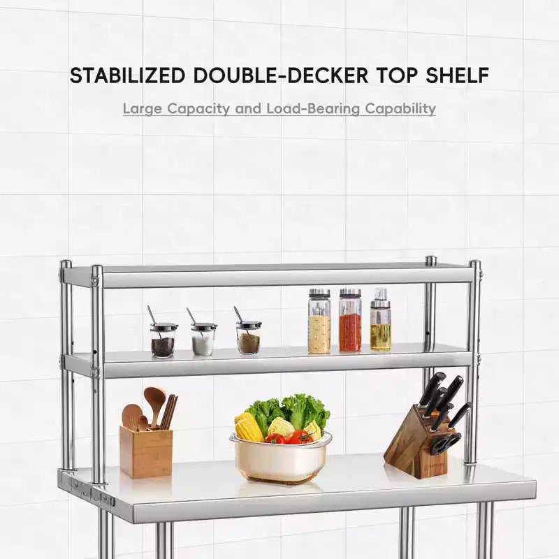 Stainless Steel Workbench, 4-Tier Commercial Kitchen Prep Table, with Shelves and Hooks, Heavy-Duty Workbench, Suitable for Restaurants and Garages