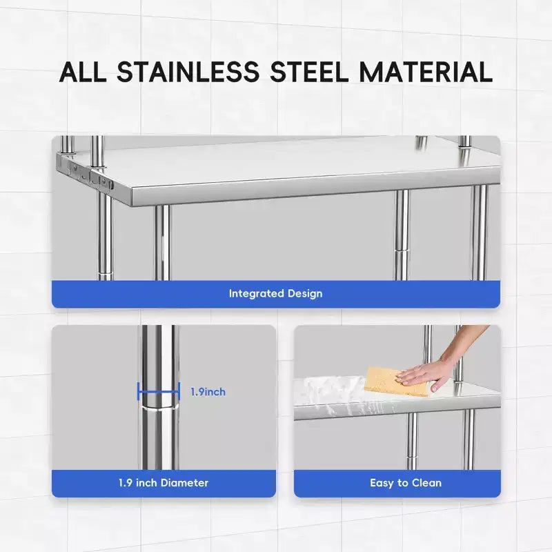 Stainless Steel Workbench, 4-Tier Commercial Kitchen Prep Table, with Shelves and Hooks, Heavy-Duty Workbench, Suitable for Restaurants and Garages