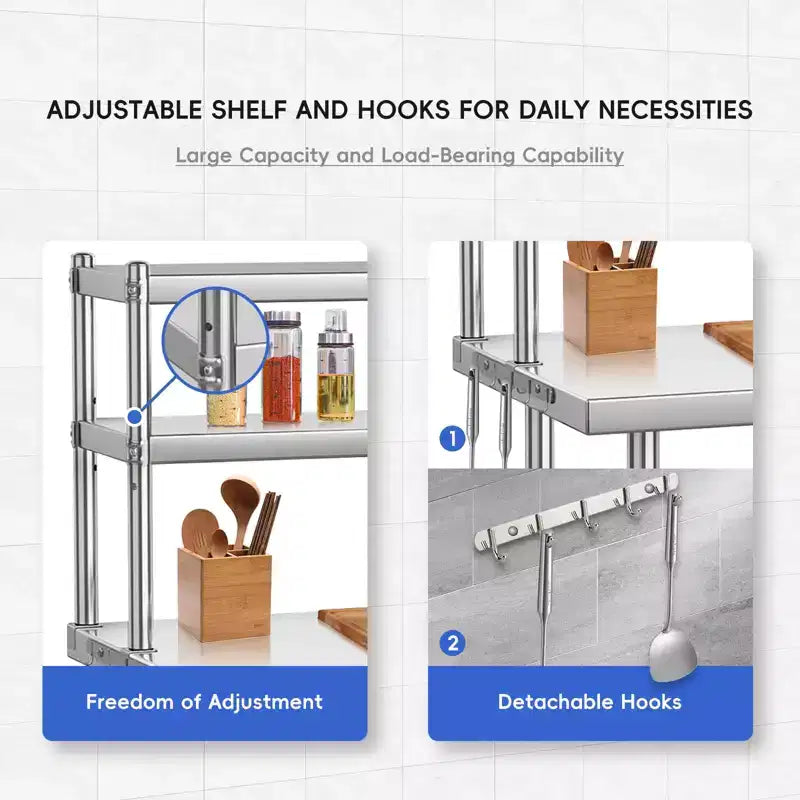 Stainless Steel Workbench, 4-Tier Commercial Kitchen Prep Table, with Shelves and Hooks, Heavy-Duty Workbench, Suitable for Restaurants and Garages