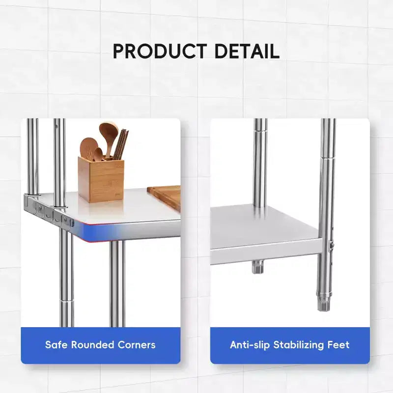 Stainless Steel Workbench, 4-Tier Commercial Kitchen Prep Table, with Shelves and Hooks, Heavy-Duty Workbench, Suitable for Restaurants and Garages