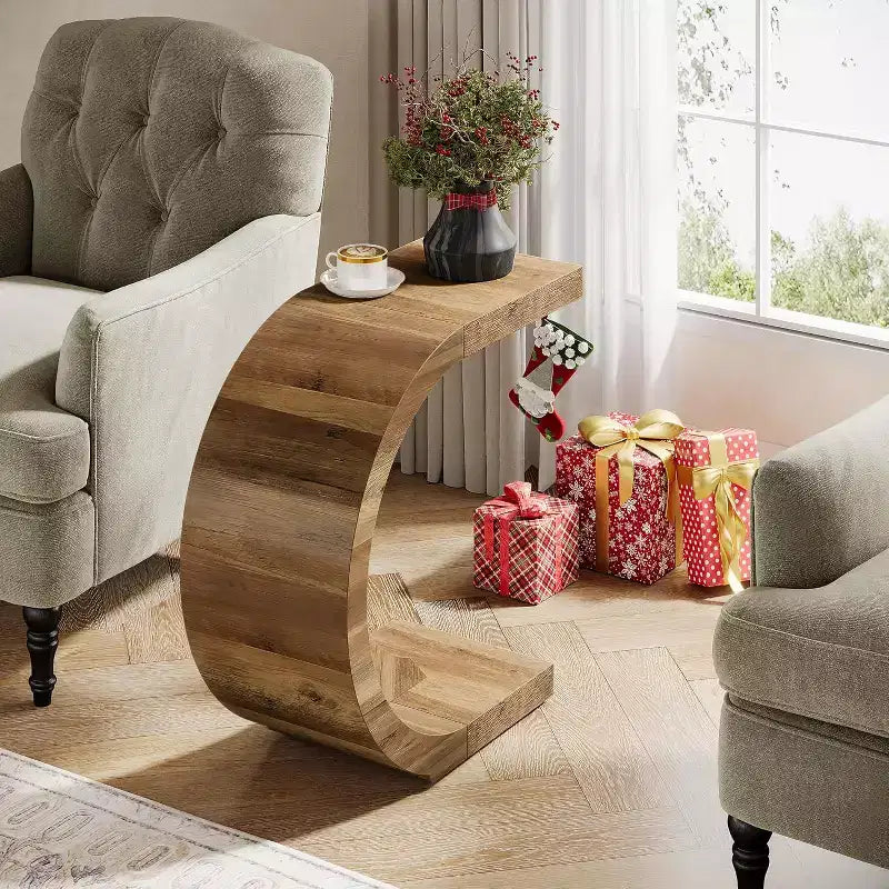 Lantine C-Shaped End Table, Side Table for Couch Sofa Living Room Bedroom Small Space, Rustic Brown