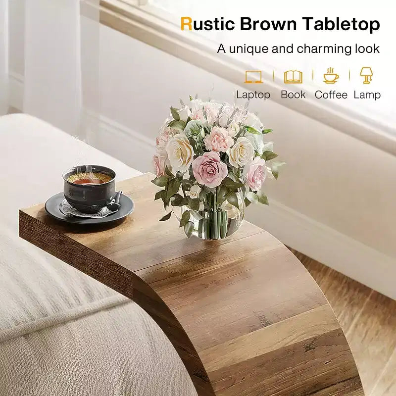 Lantine C-Shaped End Table, Side Table for Couch Sofa Living Room Bedroom Small Space, Rustic Brown