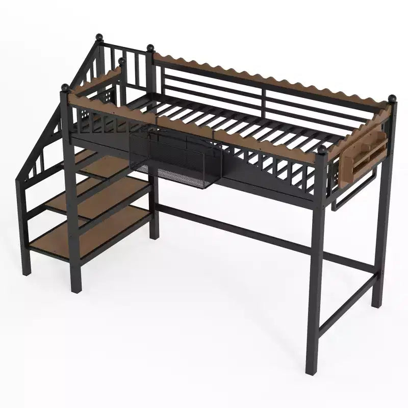 Bellemave Loft Bed with Storage Stairs, Metal Loft Beds Frame with Storage Shelves and Bookshelf for Bedroom, Guest and Dorms, Black