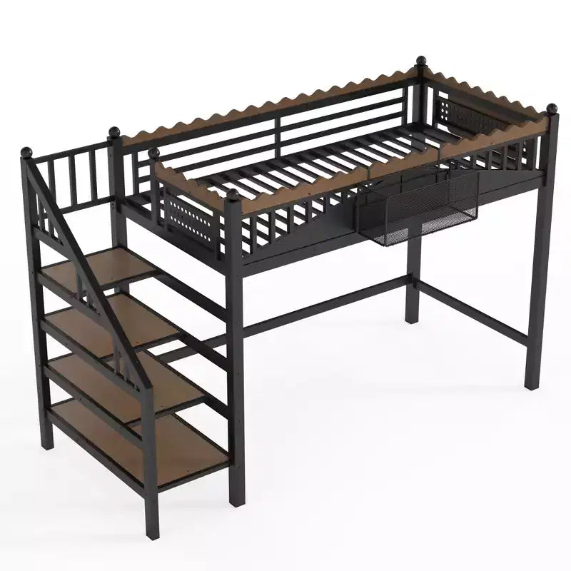 Bellemave Loft Bed with Storage Stairs, Metal Loft Beds Frame with Storage Shelves and Bookshelf for Bedroom, Guest and Dorms, Black