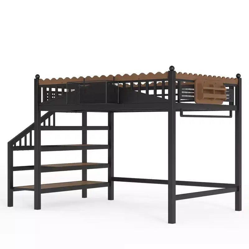 Bellemave Loft Bed with Storage Stairs, Metal Loft Beds Frame with Storage Shelves and Bookshelf for Bedroom, Guest and Dorms, Black