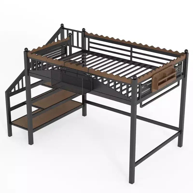 Bellemave Loft Bed with Storage Stairs, Metal Loft Beds Frame with Storage Shelves and Bookshelf for Bedroom, Guest and Dorms, Black