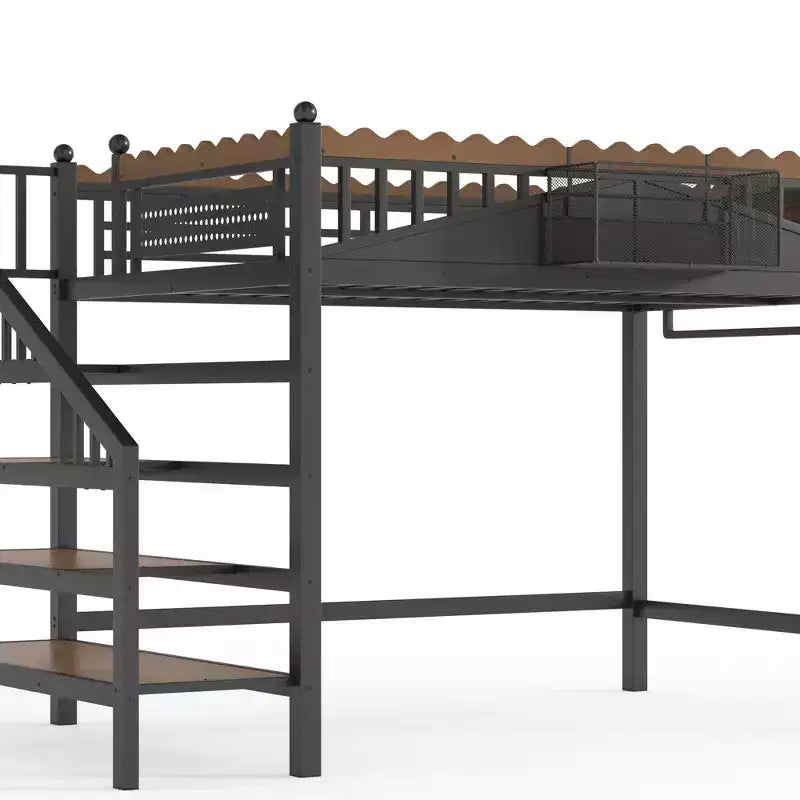 Bellemave Loft Bed with Storage Stairs, Metal Loft Beds Frame with Storage Shelves and Bookshelf for Bedroom, Guest and Dorms, Black