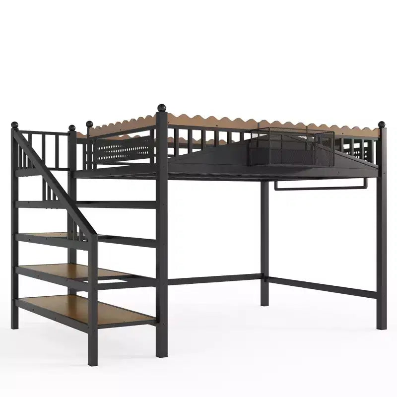 Bellemave Loft Bed with Storage Stairs, Metal Loft Beds Frame with Storage Shelves and Bookshelf for Bedroom, Guest and Dorms, Black