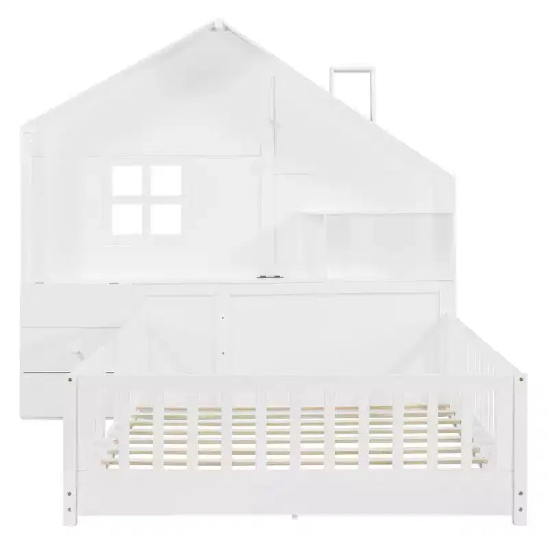 Luxystar Full Size House Platform Bed with Window, 2 Drawers, Shelves and Outlet, White