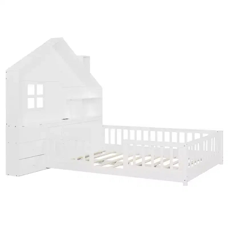 Luxystar Full Size House Platform Bed with Window, 2 Drawers, Shelves and Outlet, White