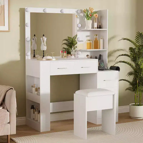 41 Large Vanity Desk, Hairdryer Holder, 5 Drawers, with Soft Cushioned Stool for Bedroom