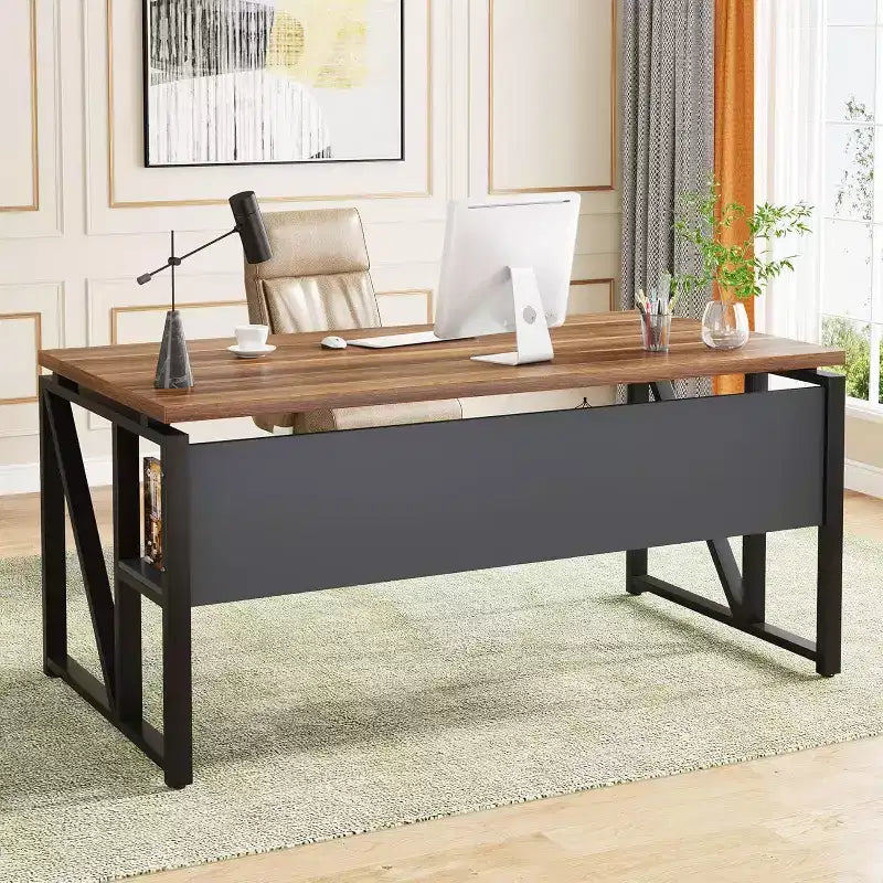 Lantine 55 inches Simple Computer Desk, Home Office Writing Table for Workstation, Dark Walnut + Steel Leg, Cabinet not Included (Walnut, 55-inch)