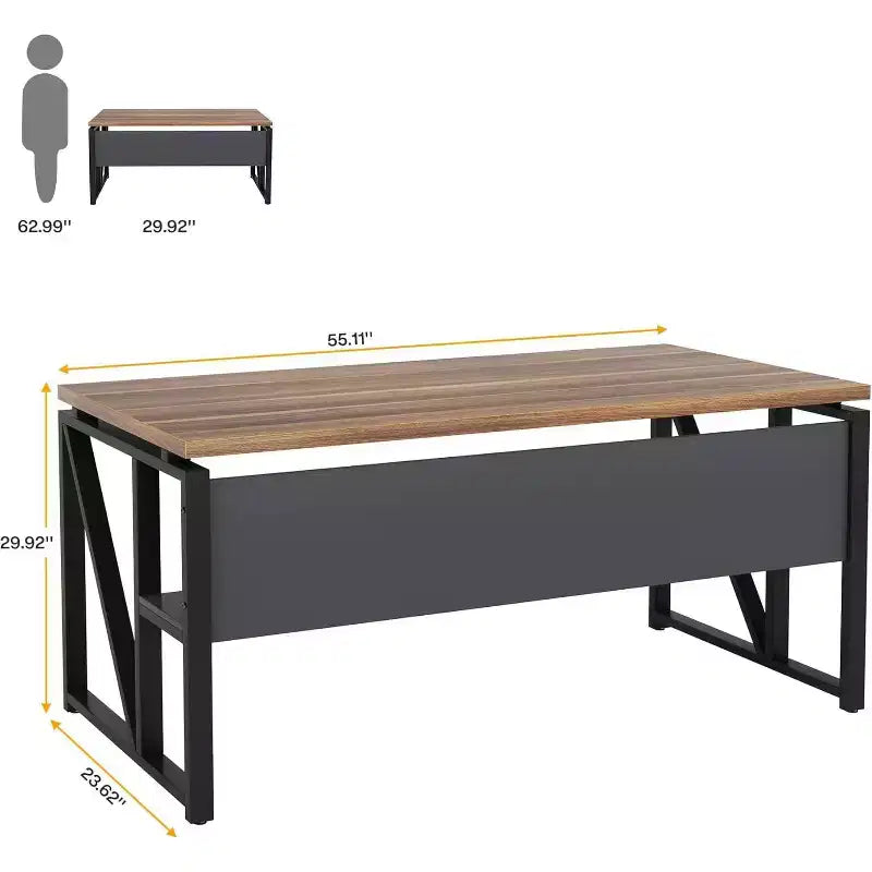 Lantine 55 inches Simple Computer Desk, Home Office Writing Table for Workstation, Dark Walnut + Steel Leg, Cabinet not Included (Walnut, 55-inch)