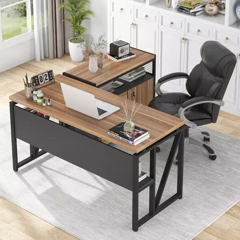 Lantine 55 inches Simple Computer Desk, Home Office Writing Table for Workstation, Dark Walnut + Steel Leg, Cabinet not Included (Walnut, 55-inch)