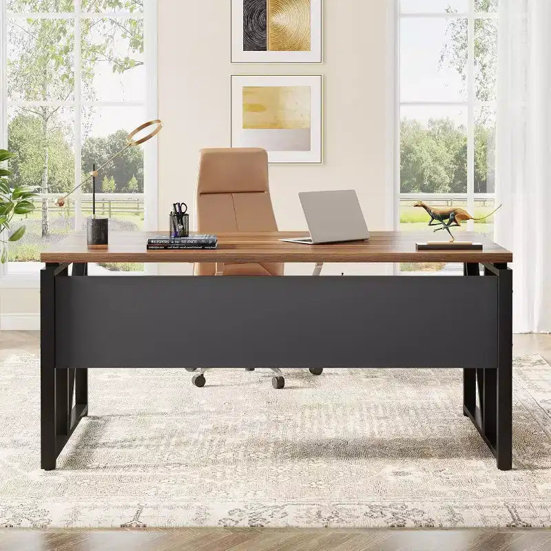 Lantine 55 inches Simple Computer Desk, Home Office Writing Table for Workstation, Dark Walnut + Steel Leg, Cabinet not Included (Walnut, 55-inch)