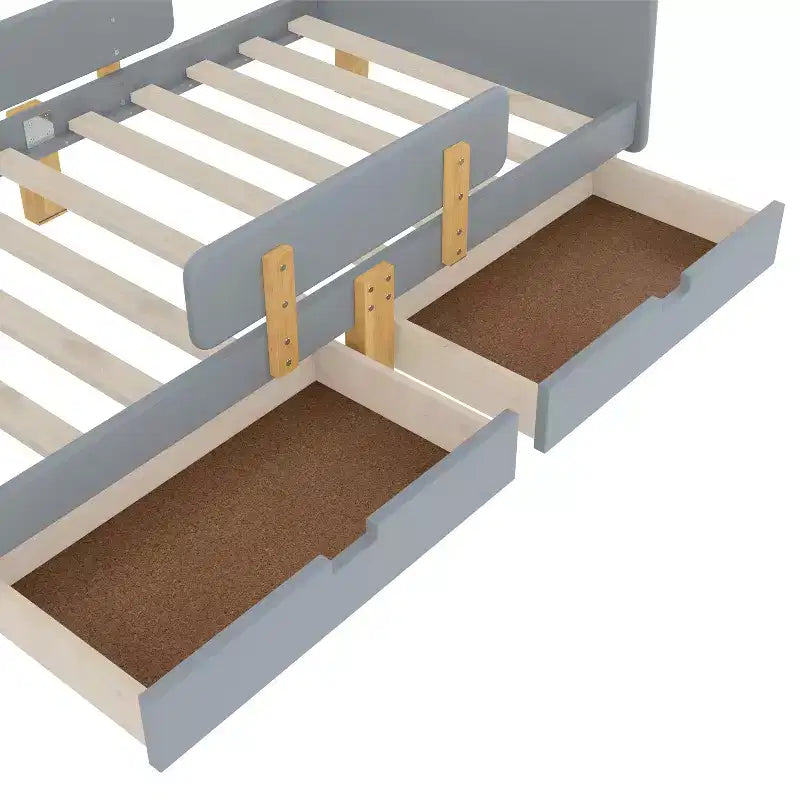 Twin/Full Size Platform Bed with Storage Drawers and Shelf, Wood Platform Bed Frame with Guardrail and Hooks for Kids and Teens