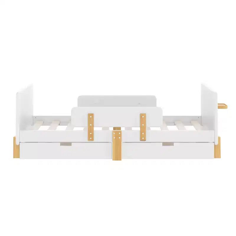 Twin/Full Size Platform Bed with Storage Drawers and Shelf, Wood Platform Bed Frame with Guardrail and Hooks for Kids and Teens