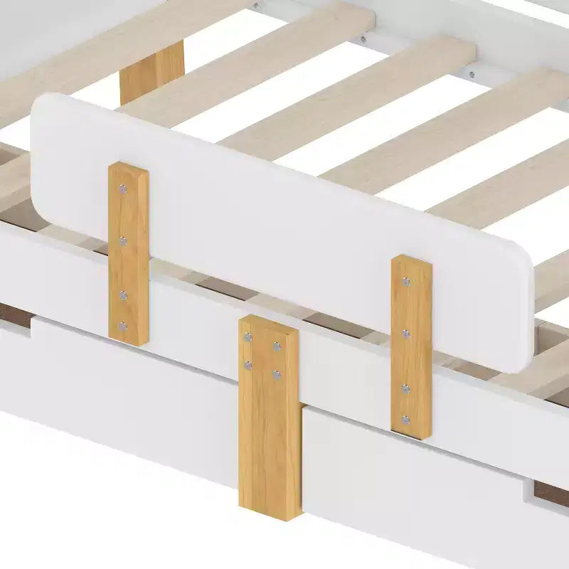 Twin/Full Size Platform Bed with Storage Drawers and Shelf, Wood Platform Bed Frame with Guardrail and Hooks for Kids and Teens