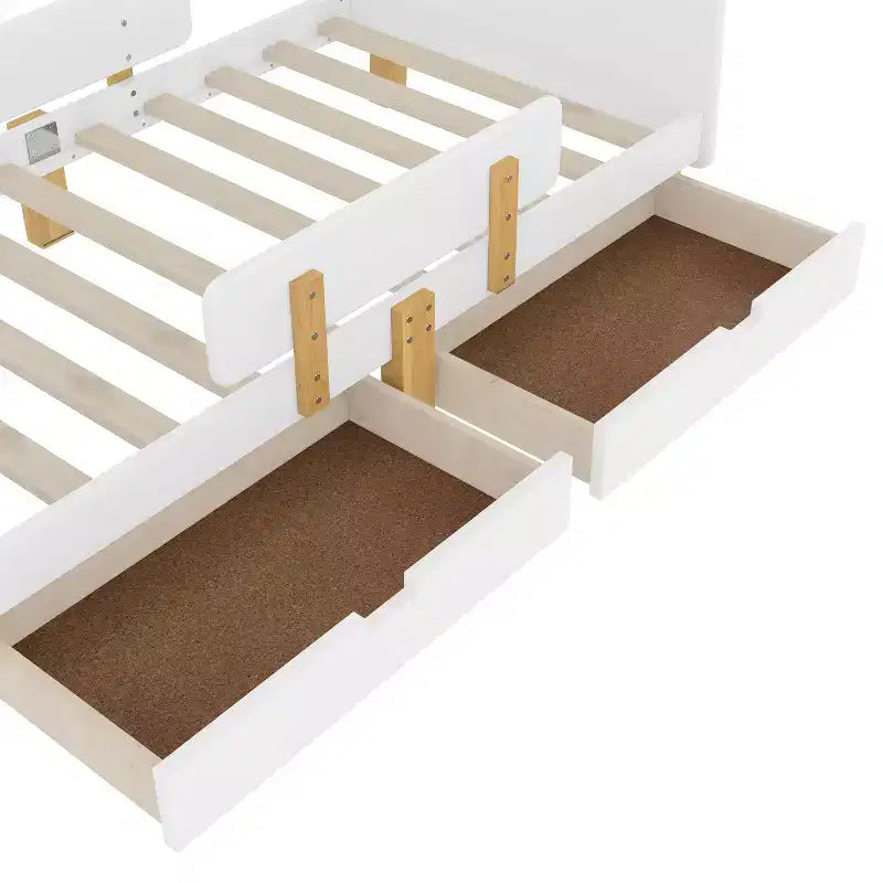 Twin/Full Size Platform Bed with Storage Drawers and Shelf, Wood Platform Bed Frame with Guardrail and Hooks for Kids and Teens