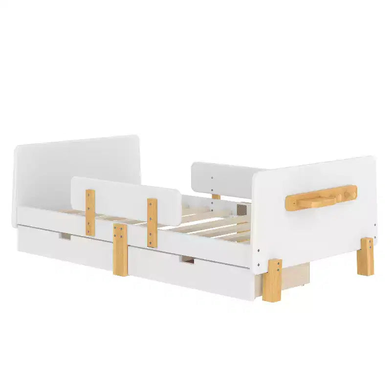 Twin/Full Size Platform Bed with Storage Drawers and Shelf, Wood Platform Bed Frame with Guardrail and Hooks for Kids and Teens
