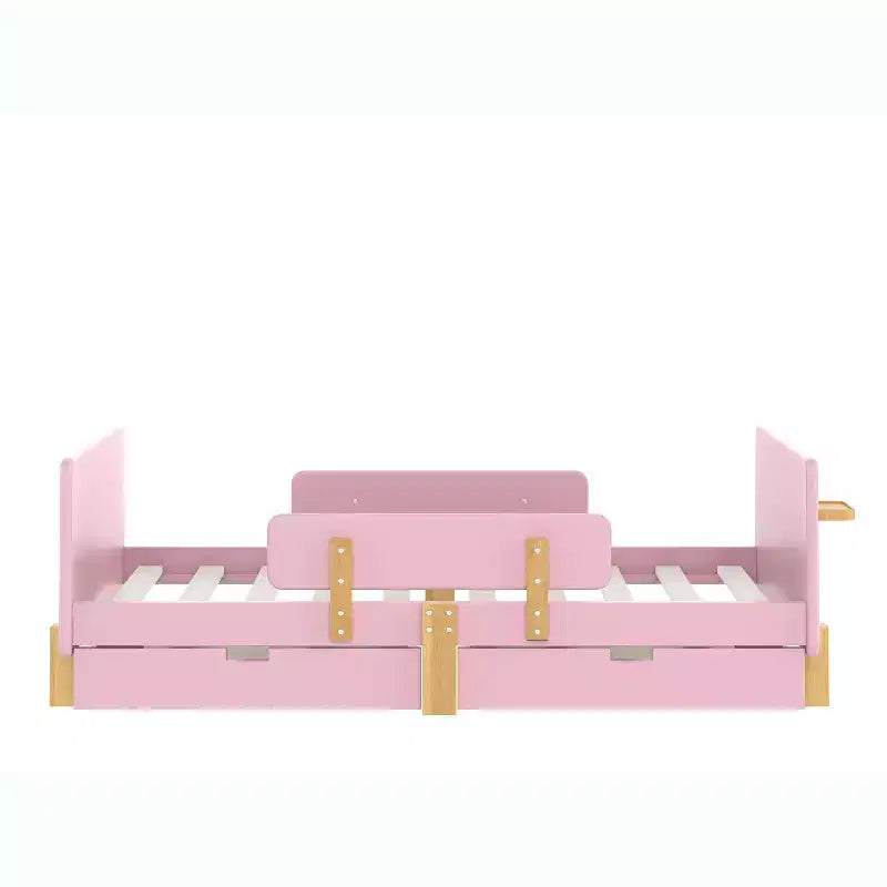 Twin/Full Size Platform Bed with Storage Drawers and Shelf, Wood Platform Bed Frame with Guardrail and Hooks for Kids and Teens