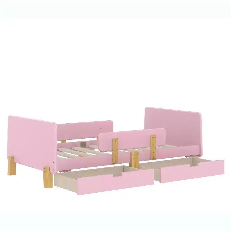 Twin/Full Size Platform Bed with Storage Drawers and Shelf, Wood Platform Bed Frame with Guardrail and Hooks for Kids and Teens