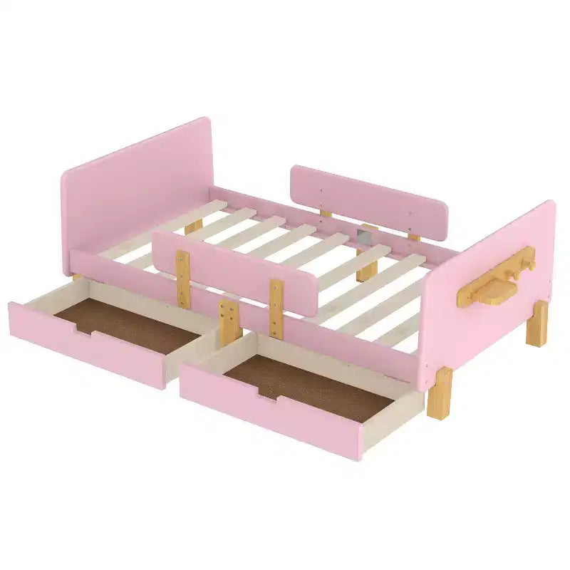 Twin/Full Size Platform Bed with Storage Drawers and Shelf, Wood Platform Bed Frame with Guardrail and Hooks for Kids and Teens