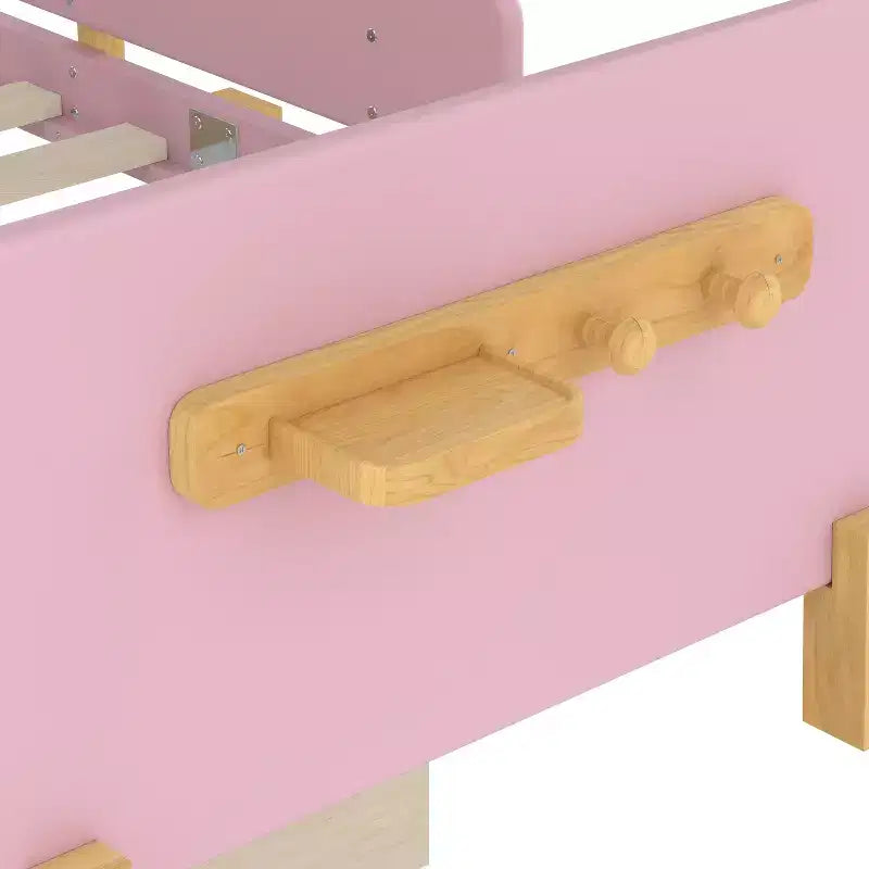 Twin/Full Size Platform Bed with Storage Drawers and Shelf, Wood Platform Bed Frame with Guardrail and Hooks for Kids and Teens