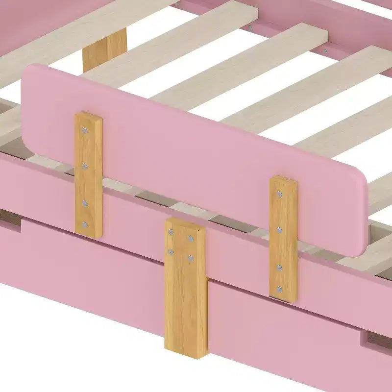 Twin/Full Size Platform Bed with Storage Drawers and Shelf, Wood Platform Bed Frame with Guardrail and Hooks for Kids and Teens