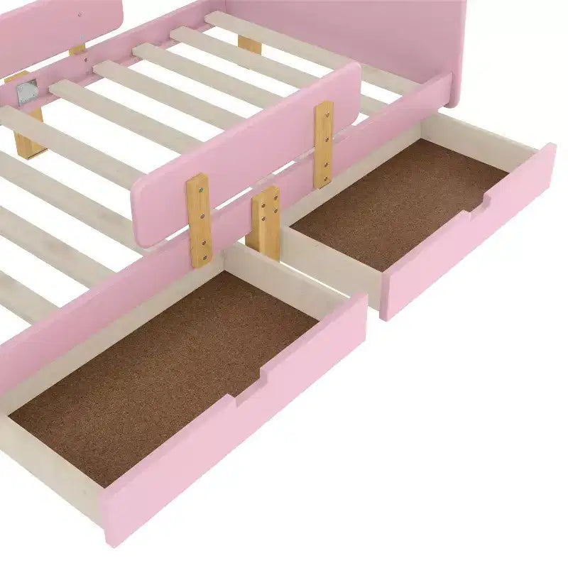 Twin/Full Size Platform Bed with Storage Drawers and Shelf, Wood Platform Bed Frame with Guardrail and Hooks for Kids and Teens