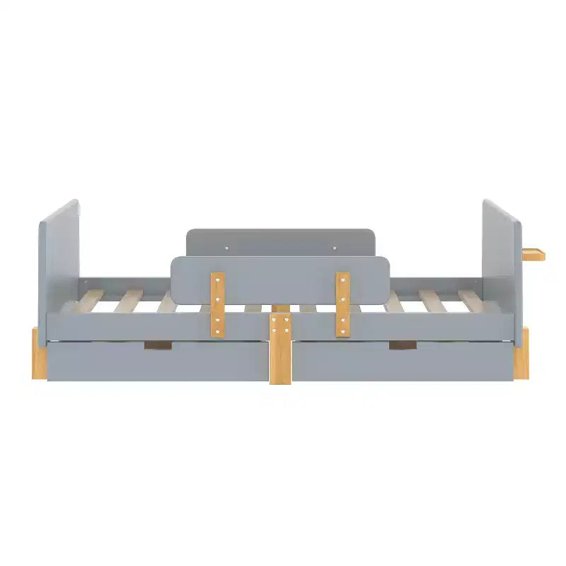 Twin/Full Size Platform Bed with Storage Drawers and Shelf, Wood Platform Bed Frame with Guardrail and Hooks for Kids and Teens