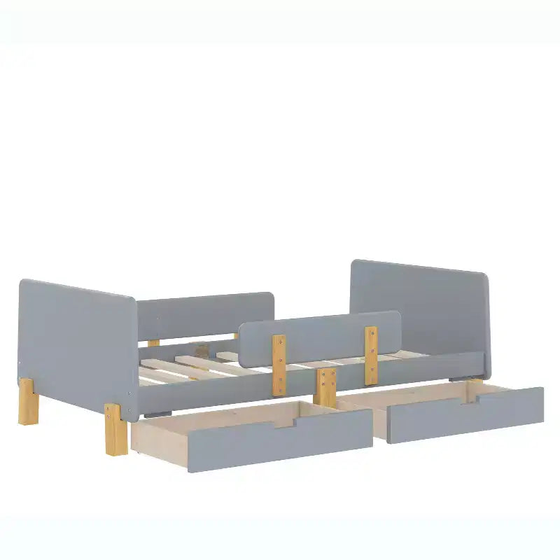 Twin/Full Size Platform Bed with Storage Drawers and Shelf, Wood Platform Bed Frame with Guardrail and Hooks for Kids and Teens