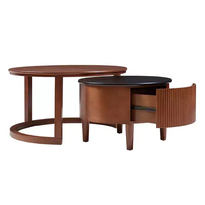 Whisen 2-Piece Nesting Coffee Table Set with Drawer, Fluted Design, Two-Tone Finish, Space-Saving Modern Accent Tables