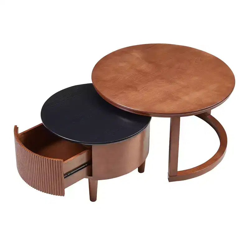 Whisen 2-Piece Nesting Coffee Table Set with Drawer, Fluted Design, Two-Tone Finish, Space-Saving Modern Accent Tables
