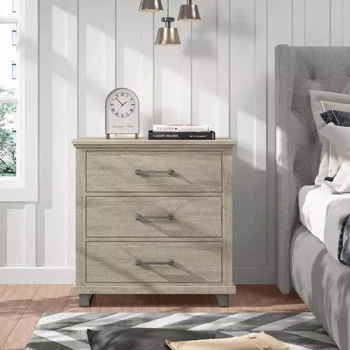 32'' Nightstand Beige - Accent Furniture: Modern Bedside Table with 3 Drawers & Metal Legs
