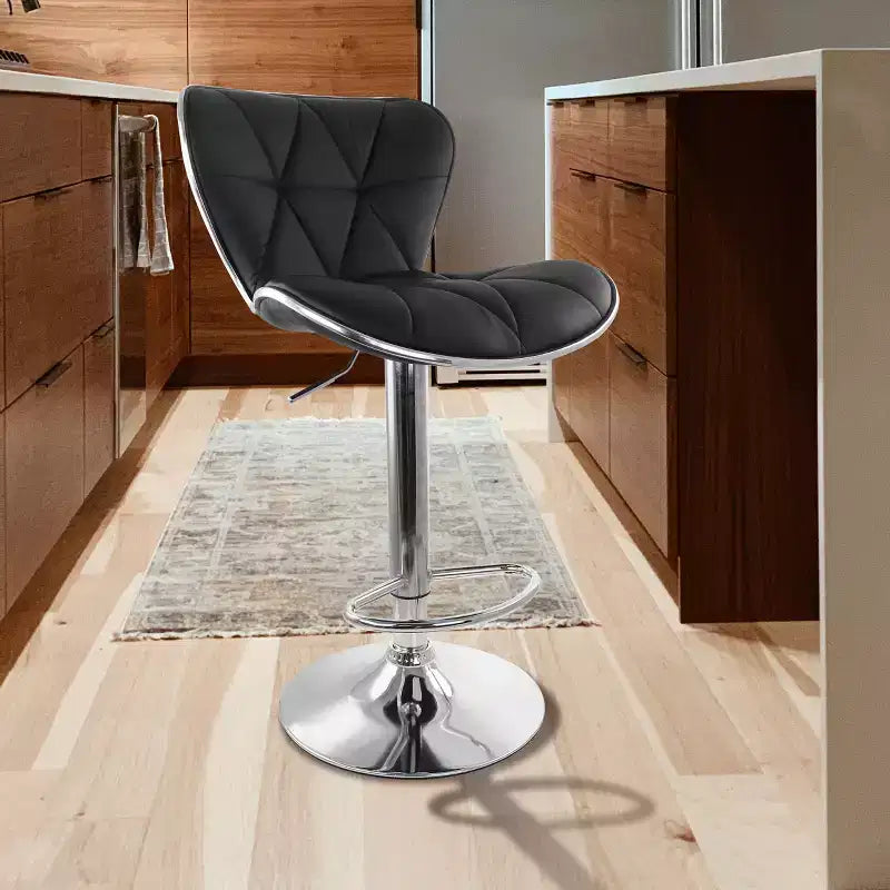 Elama 2 Piece Tufted Faux Leather Adjustable Bar Stool in Black with Chrome Trim and Base